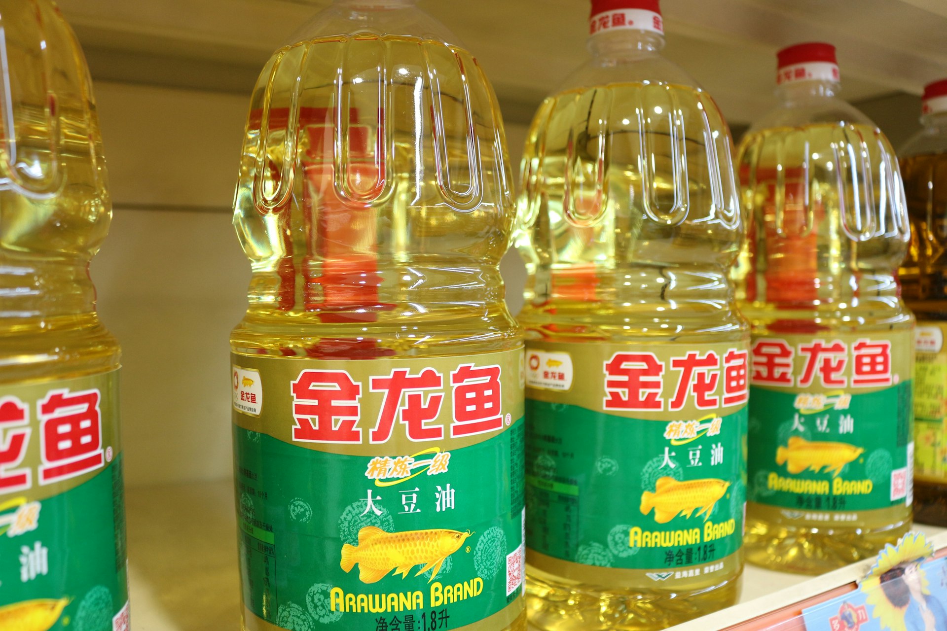 a row of bottles of oil sitting on a shelf